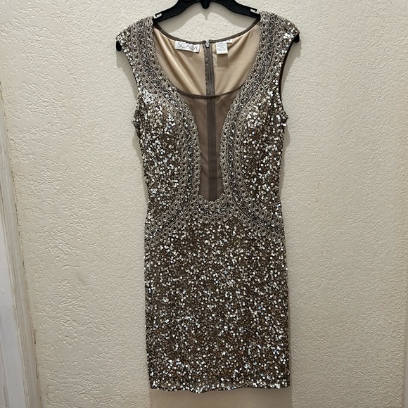 Scala Sequence Deep V Mesh Vintage Prom Dress - Picture 1 of 7